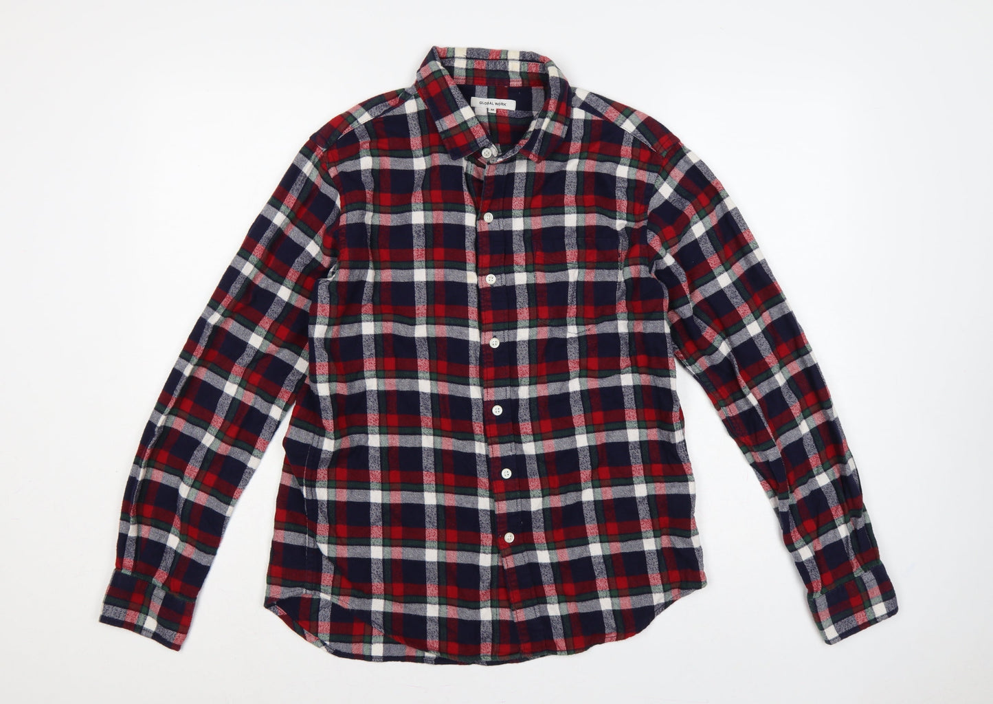 Global Work Men's M Red Navy Green Plaid Cotton Flannel Shirt