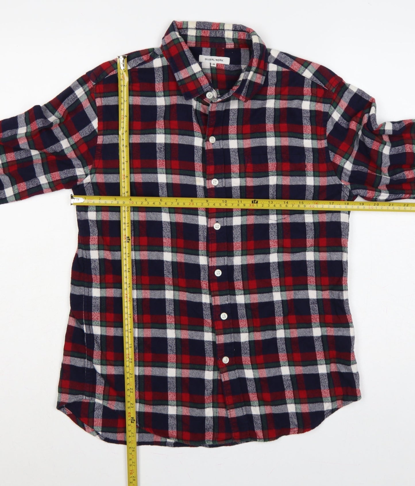 Global Work Men's M Red Navy Green Plaid Cotton Flannel Shirt
