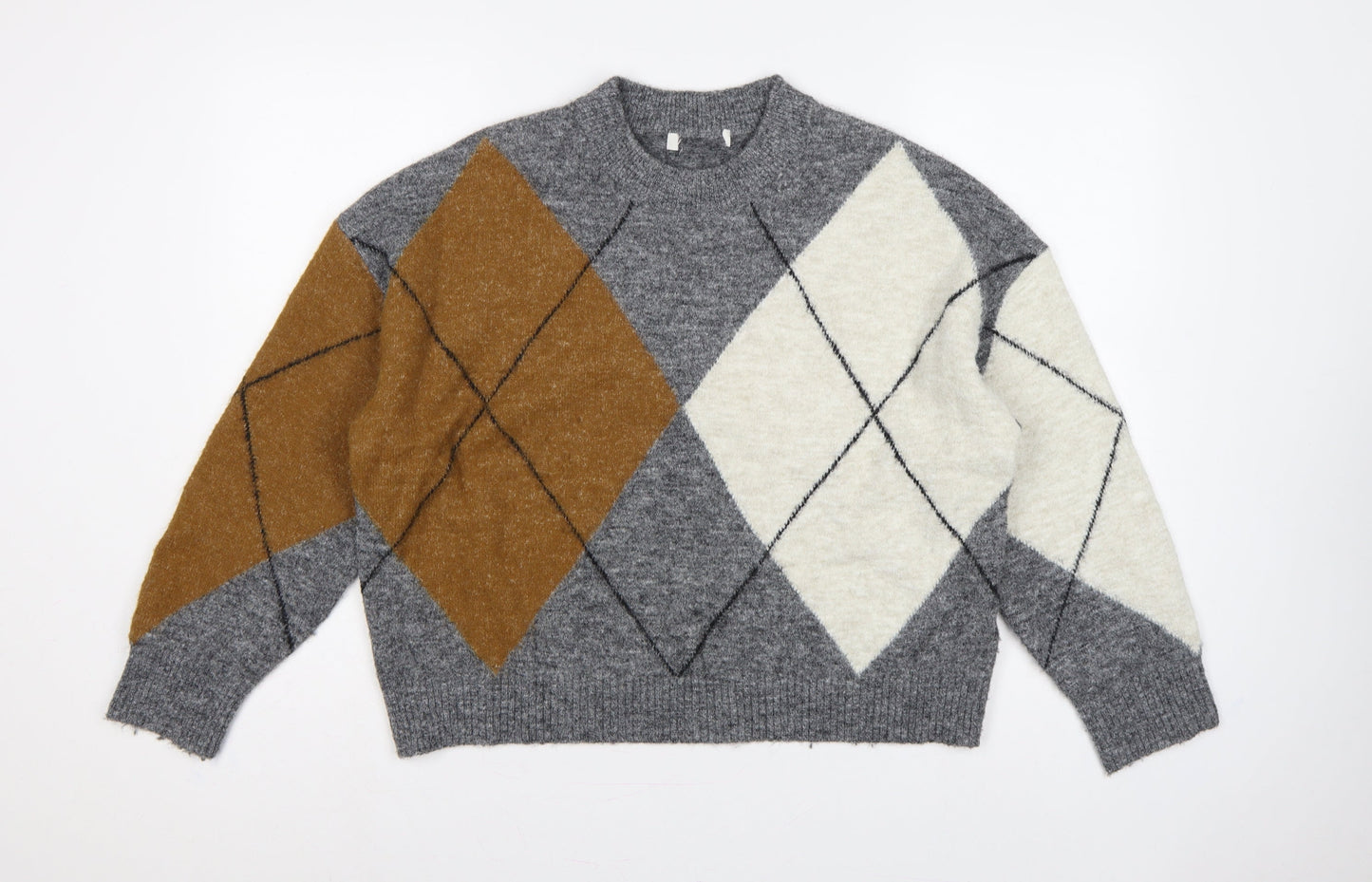 Marks & Spencer Women Grey Argyle Knit Jumper M Long Sleeve