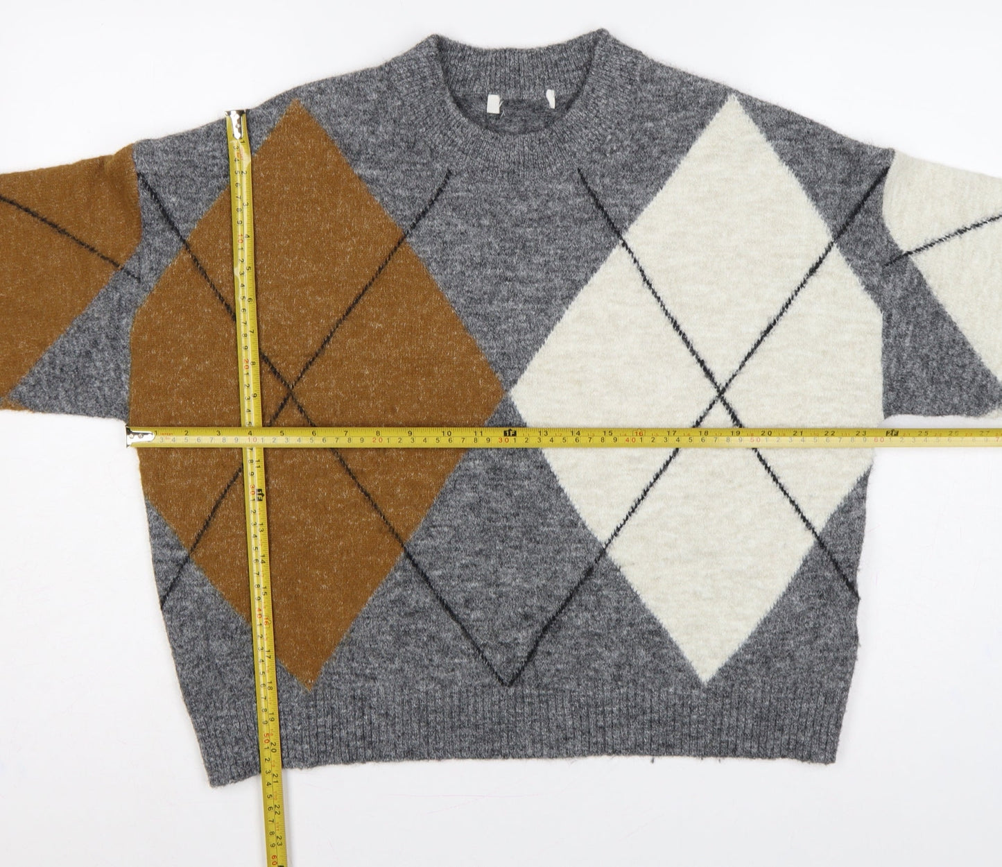 Marks & Spencer Women Grey Argyle Knit Jumper M Long Sleeve