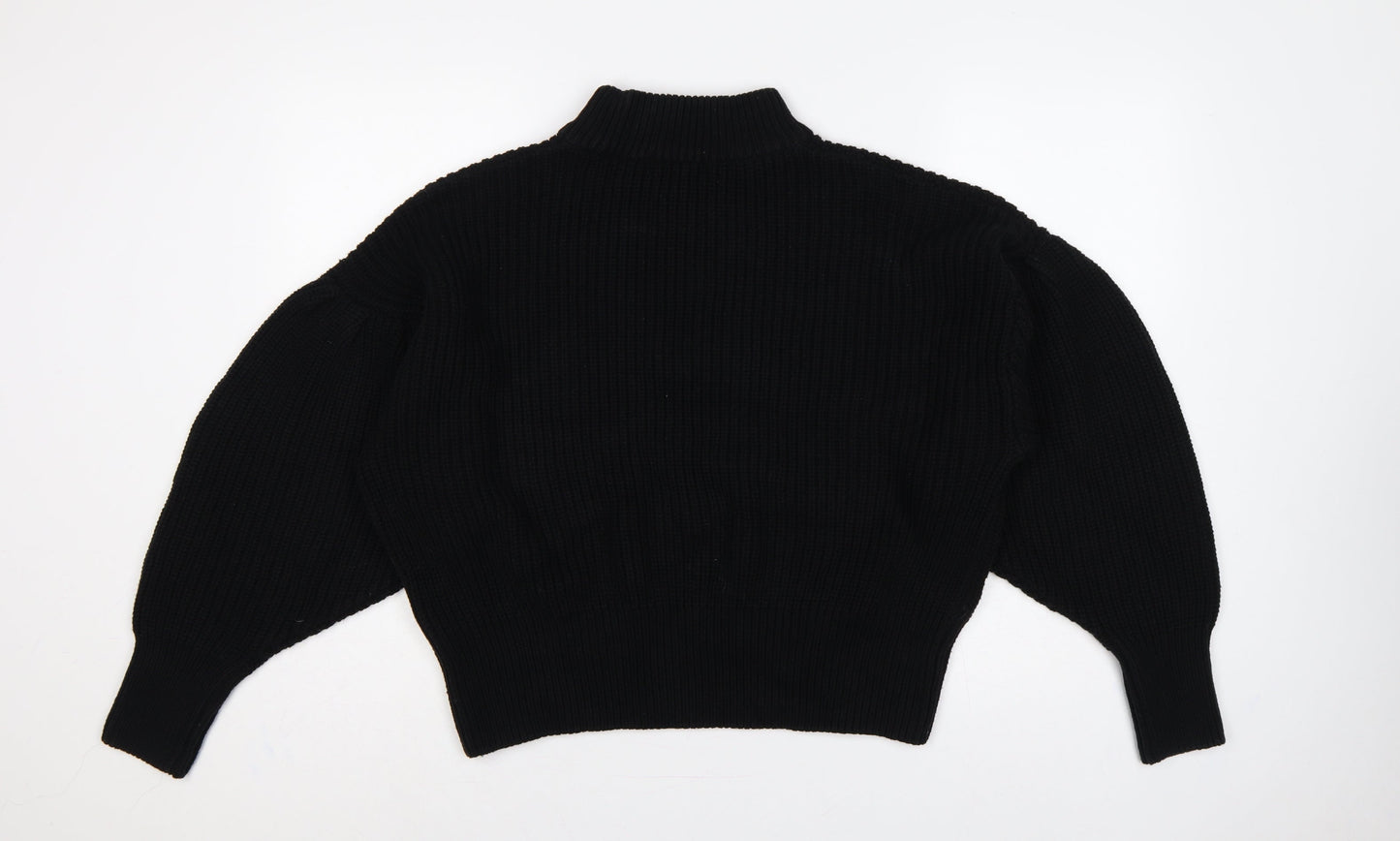 H&M Women Black M Rib Knit Mock Neck Raglan Sleeve Jumper