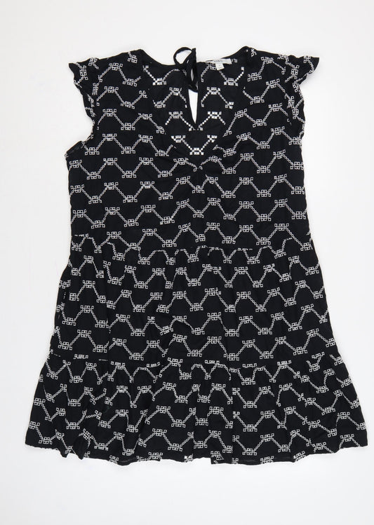 M&S Women Black White Geometric Embroidered Fit & Flare Dress UK 14