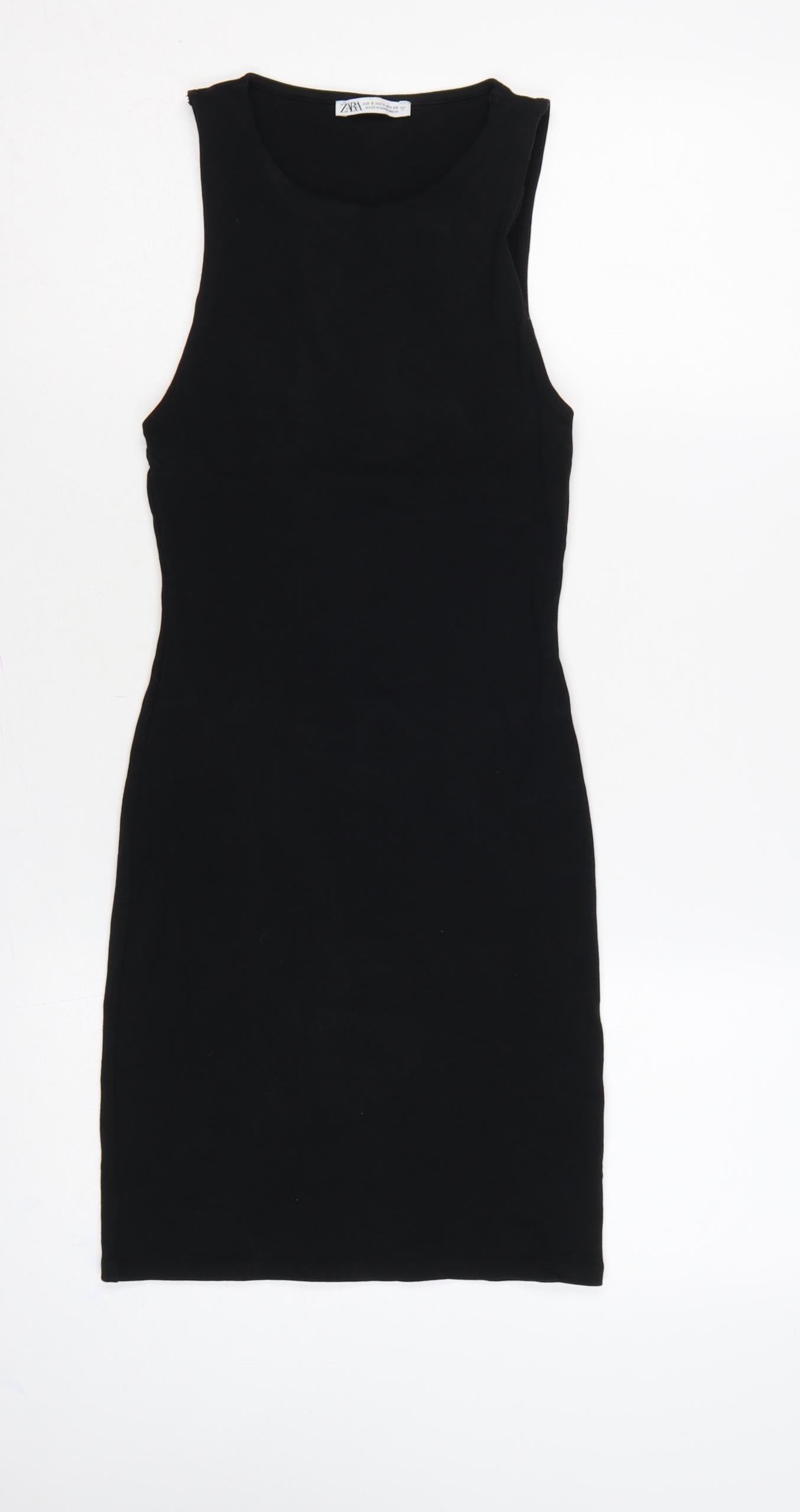 Zara Women Black Size S UK 8 Bodycon Knee Length Sleeveless Cotton Dress