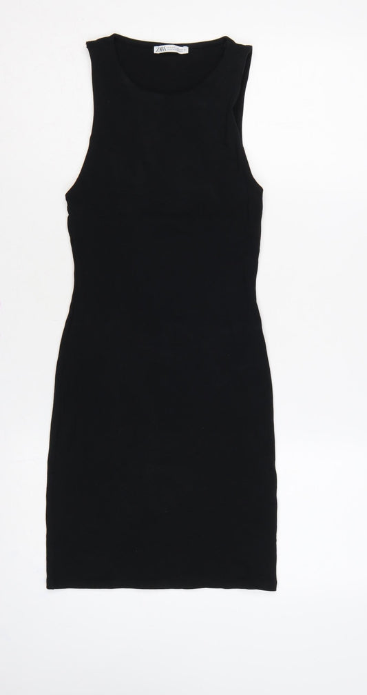 Zara Women Black Size S UK 8 Bodycon Knee Length Sleeveless Cotton Dress