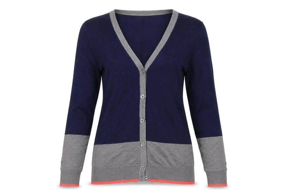 AJC Women’s Navy Grey Pink Cotton Blend V-Neck Cardigan Size S