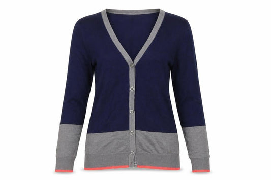 AJC Women’s Navy Grey Pink Cotton Blend V-Neck Cardigan Size S