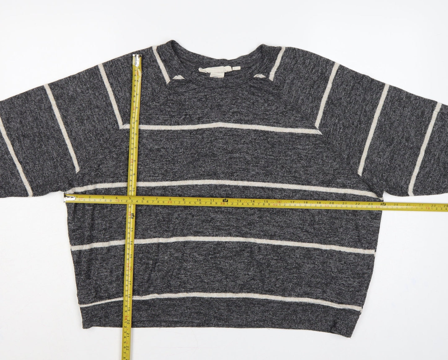 H&M Women's Grey Stripe Knit Sweatshirt UK 12 Relaxed Crew Neck