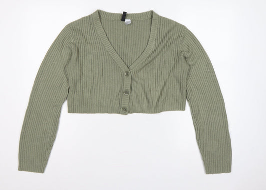 H&M Divided Women Green S Rib Knit Cropped V-Neck Cardigan