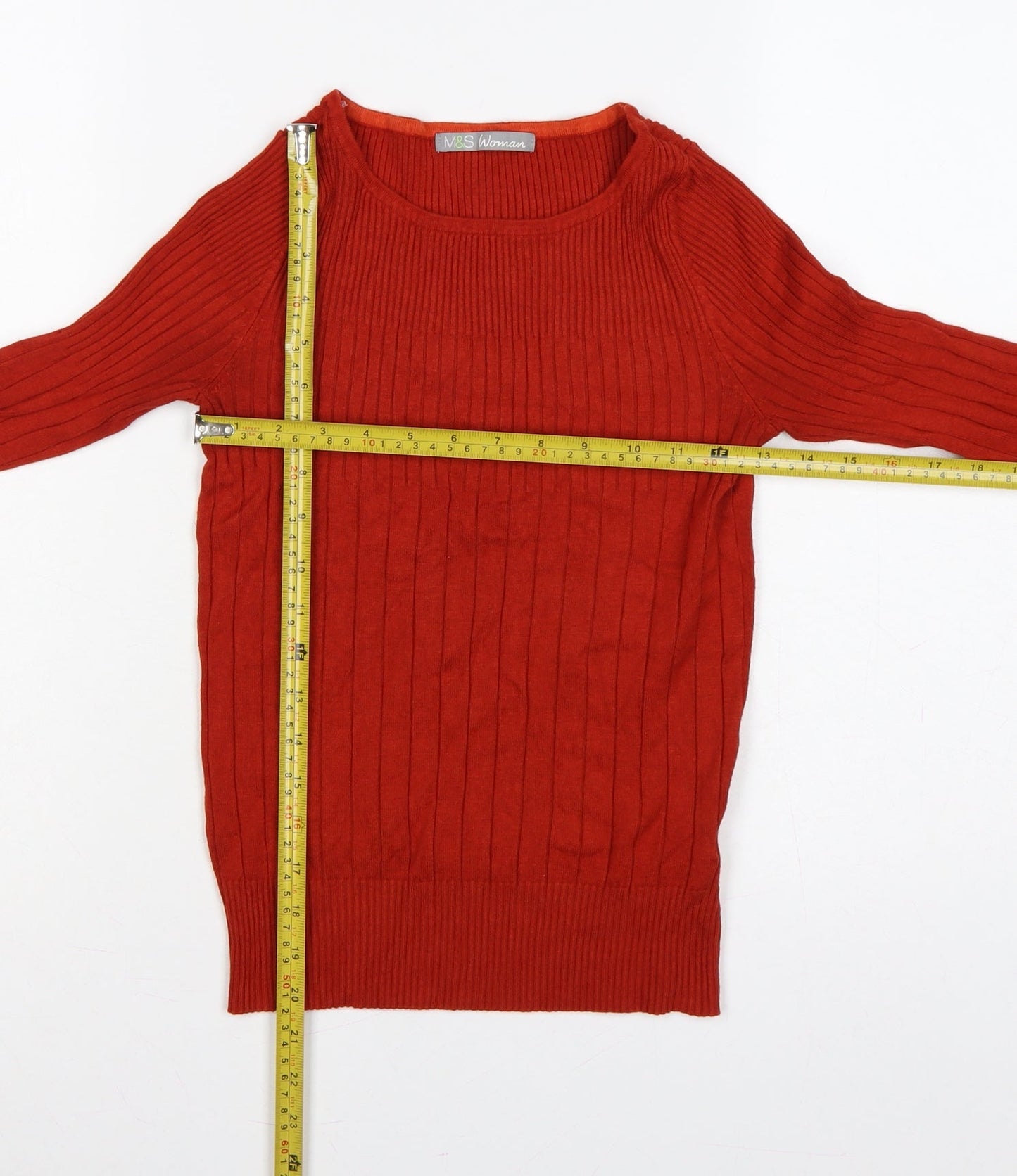 Marks & Spencer Women Red Rib Knit Jumper UK 8 Round Neck Slim Fit