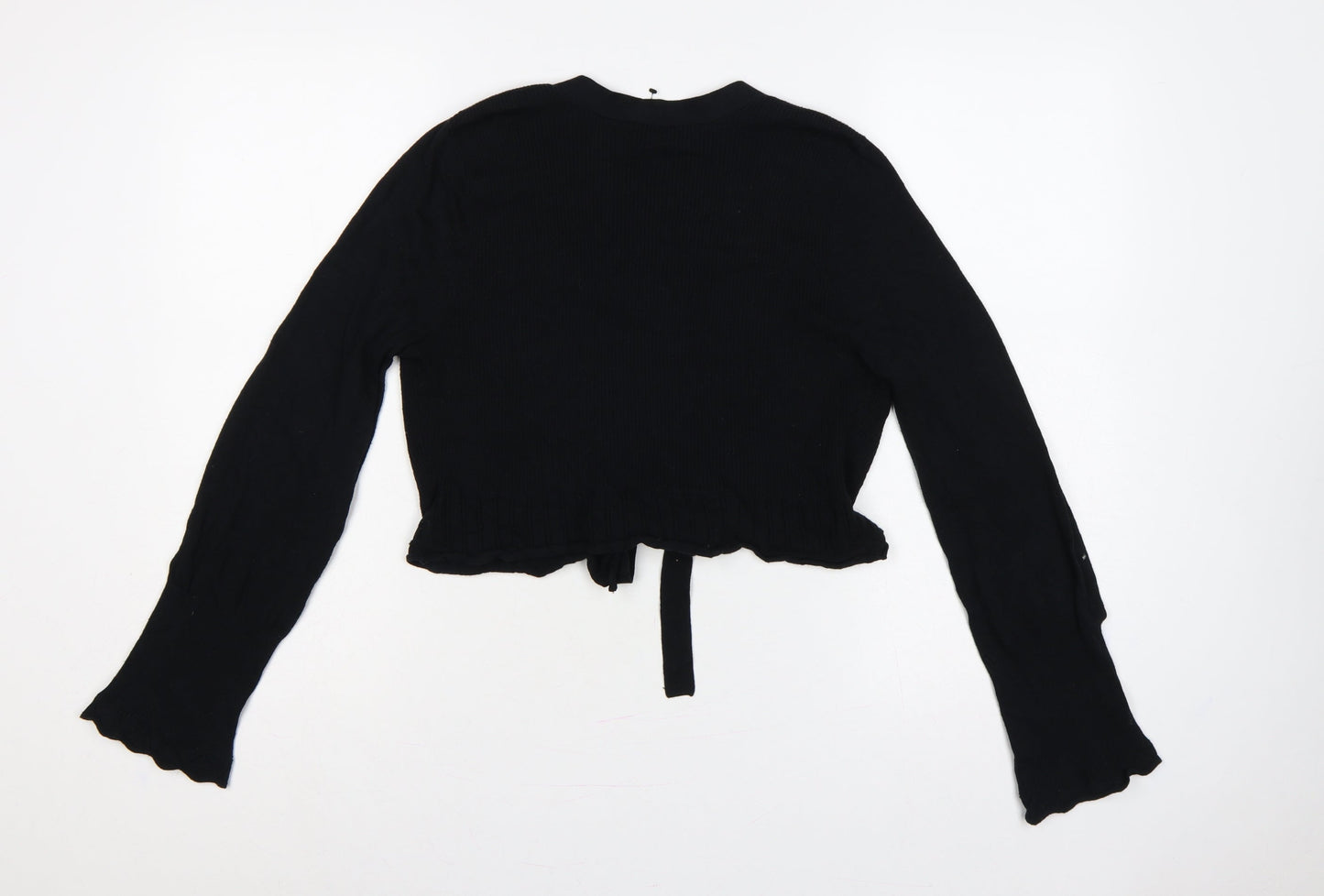 Planet Women Black M Rib Knit Tie Front Wrap Cardigan Long Sleeve