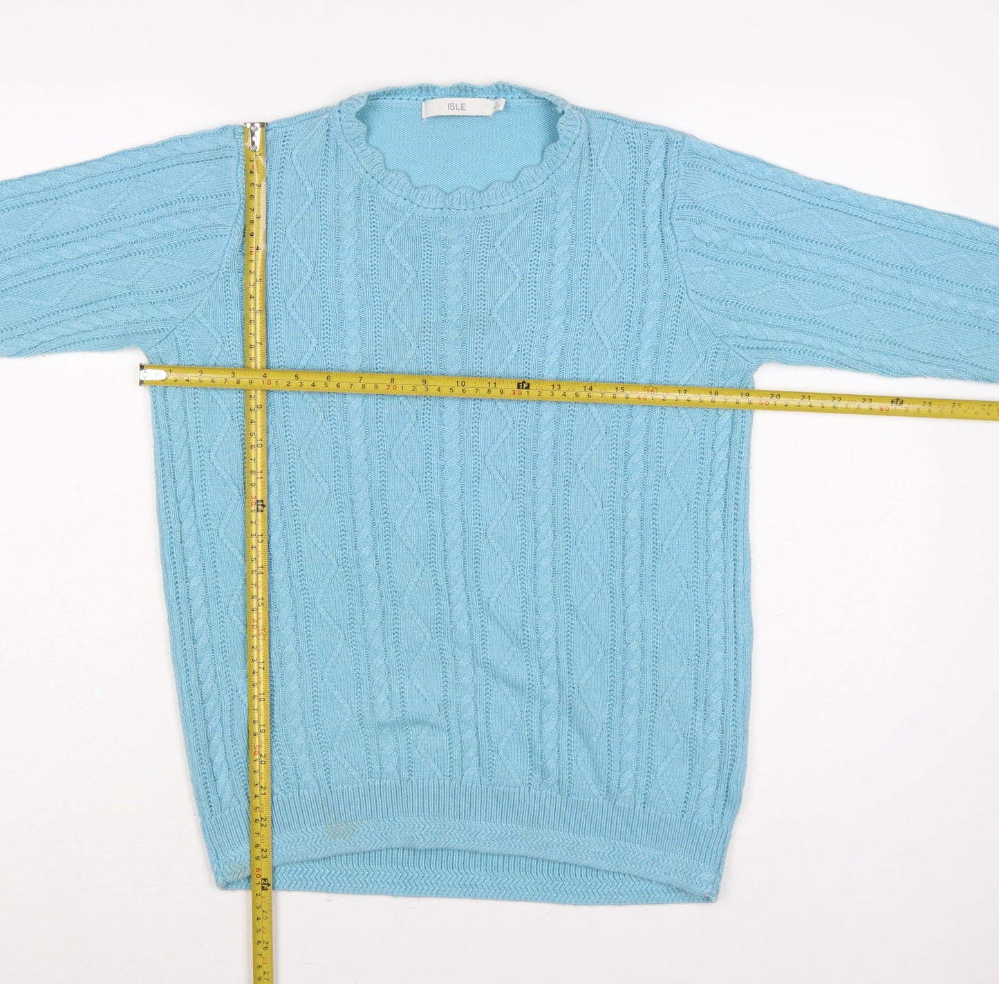 ISLE Women Blue Size 10 Cable Knit Round Neck Pullover Jumper