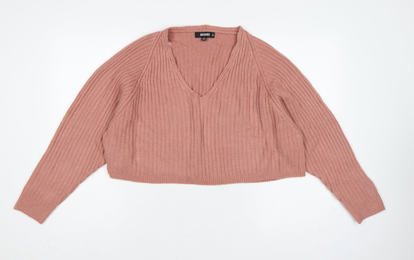 Missguided Women Pink UK 6/8 Rib Knit V-Neck Cropped Jumper