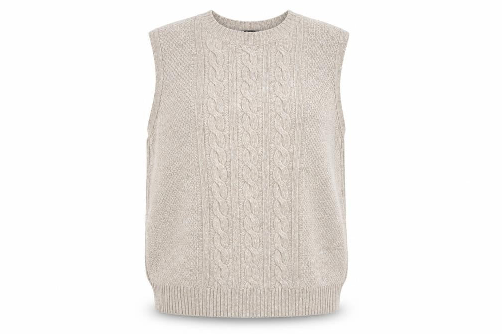 Marks & Spencer Women Beige L Cable Knit Sleeveless Jumper Vest