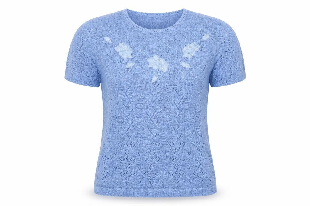 Front view of Affections Women Blue M Floral Beaded Short Sleeve Knit Jumper