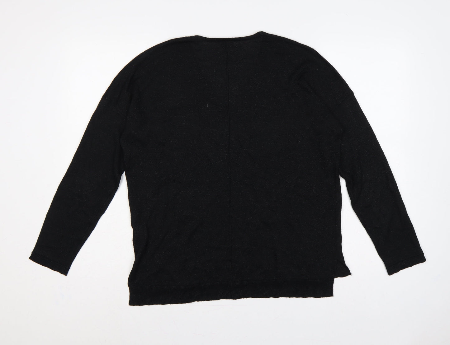 Odemai Women Black L V-Neck Lurex Knit Pullover Jumper