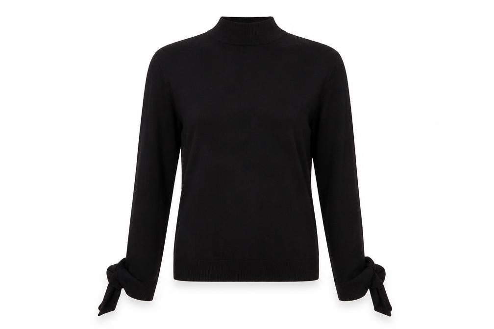 Mango Women Black UK 12 Wool Blend High Neck Tie Cuff Jumper