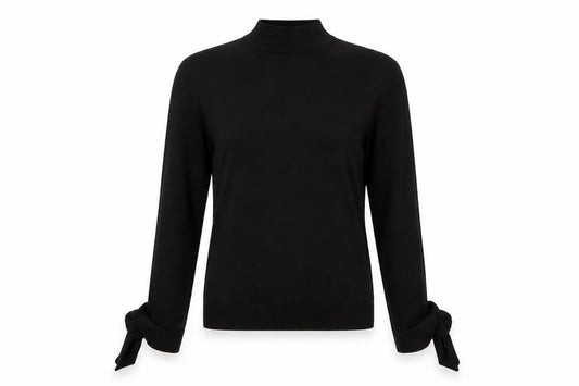 Mango Women Black UK 12 Wool Blend High Neck Tie Cuff Jumper