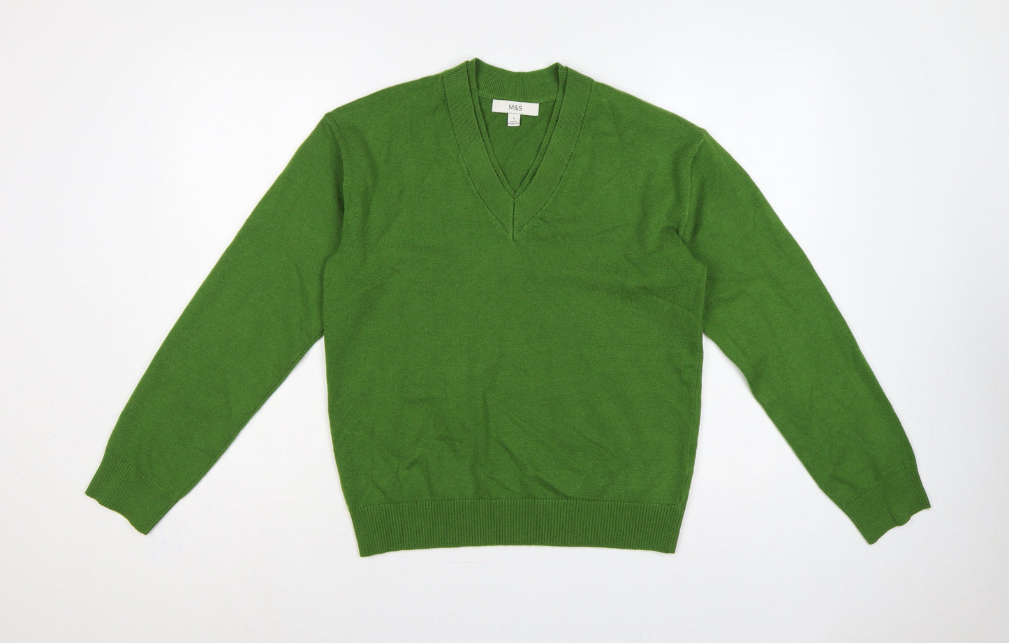 Marks and Spencer Women Green S V-Neck Knit Pullover Jumper