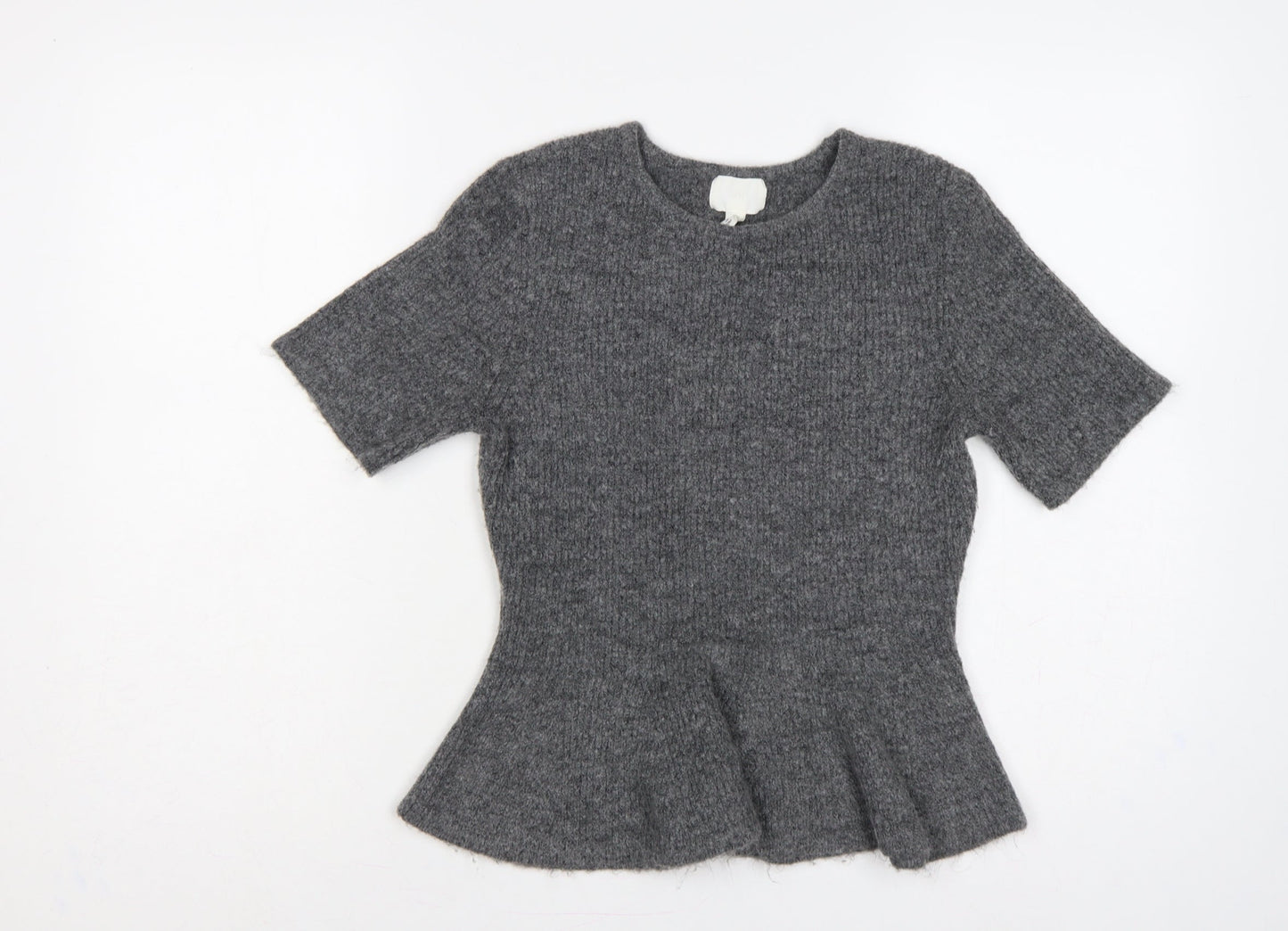 H&M Women Grey UK 12 Peplum Knit Short Sleeve Round Neck Jumper