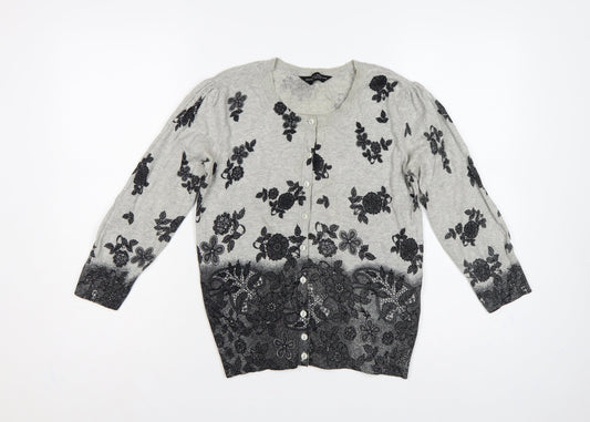 Dorothy Perkins Women Grey Floral Cotton Knit Cardigan UK 12 Long Sleeve