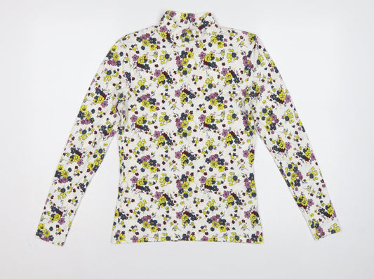 M&S Women Ivory Floral High Neck Stretch Jersey Blouse UK 8
