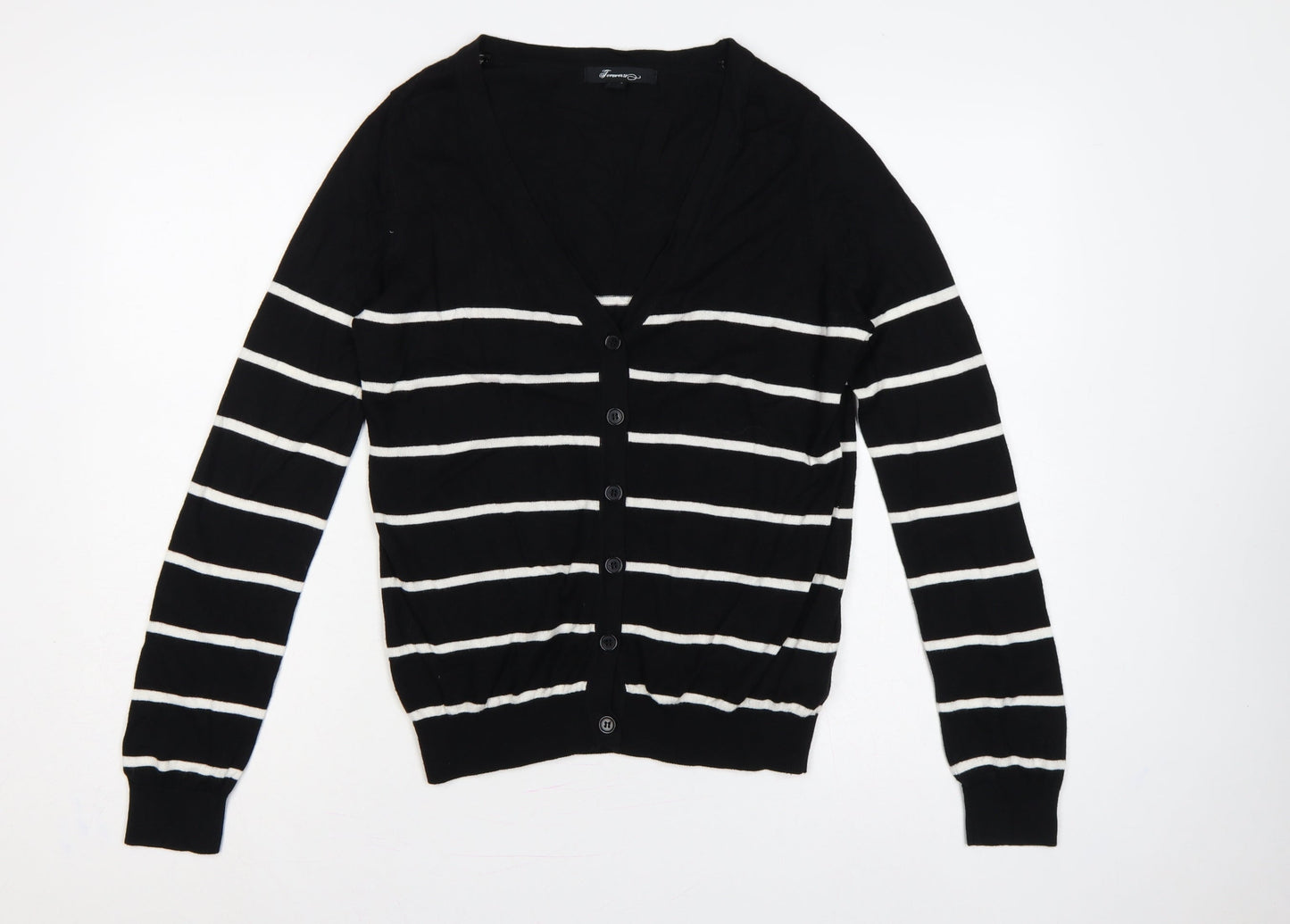 Forever 21 Women Black White Striped V-Neck Cardigan M Cotton Knit
