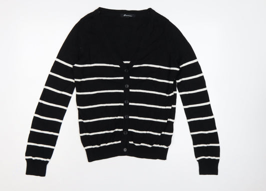 Forever 21 Women Black White Striped V-Neck Cardigan M Cotton Knit