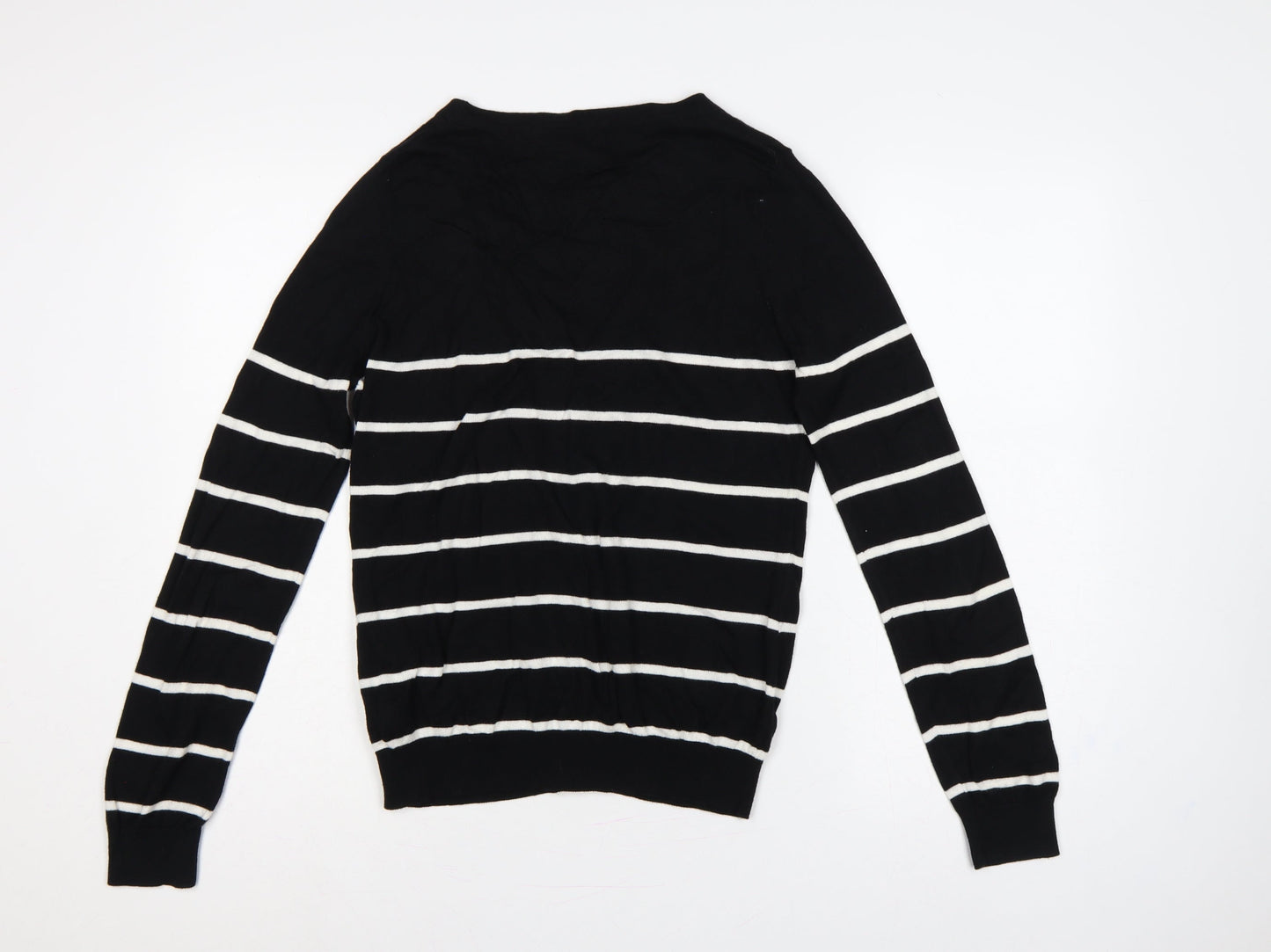 Forever 21 Women Black White Striped V-Neck Cardigan M Cotton Knit