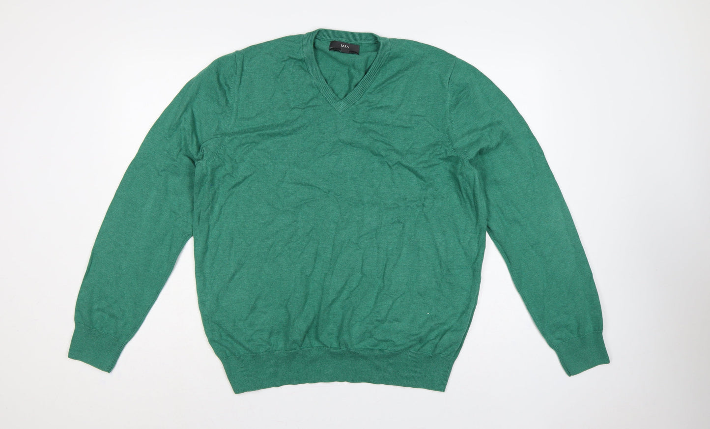 Marks and Spencer Men Green XL Pure Cotton V-Neck Pullover Jumper