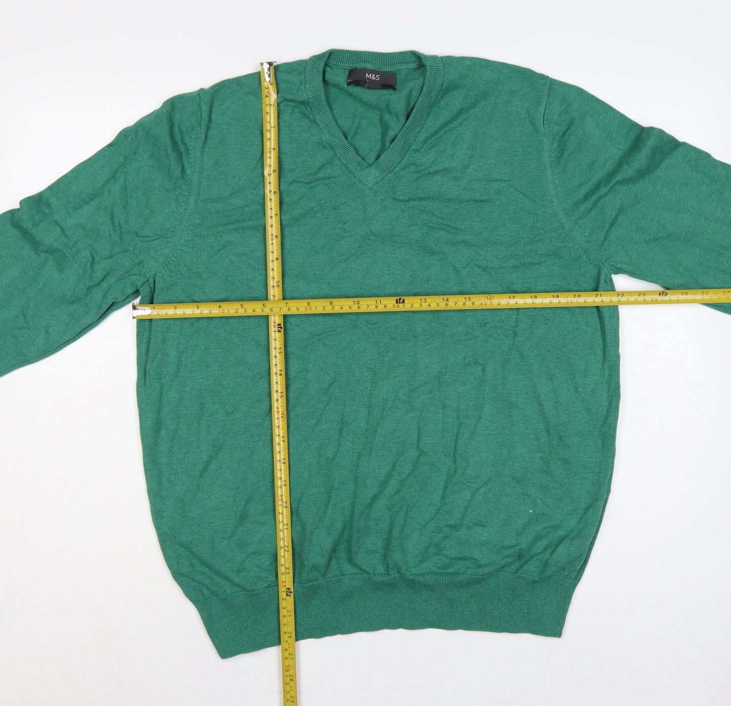 Marks and Spencer Men Green XL Pure Cotton V-Neck Pullover Jumper