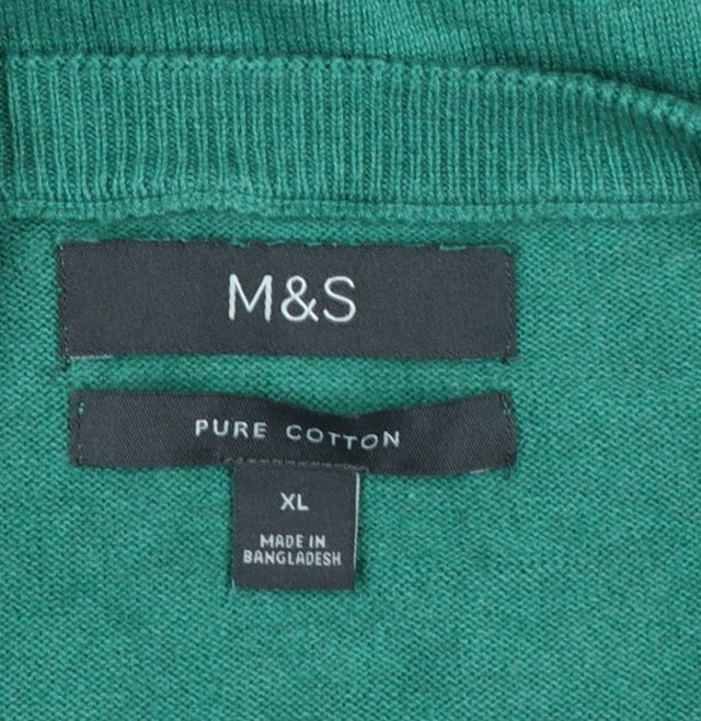 Marks and Spencer Men Green XL Pure Cotton V-Neck Pullover Jumper