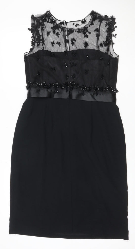 Phase Eight Women Black Size 14 Sheath Mesh Beaded Floral Occasion Dress