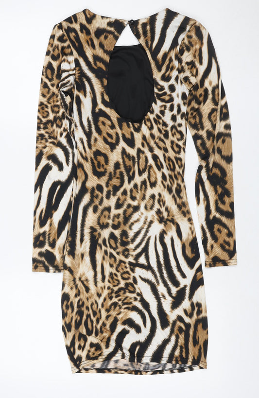 Lipsy London Women Brown Animal Print Bodycon Dress UK 8 Long Sleeve