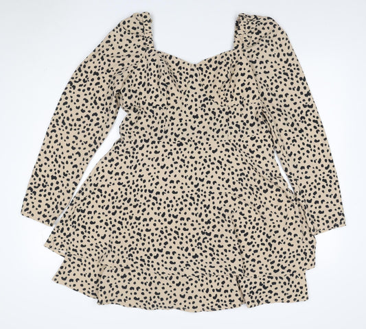 Quiz Women Beige Animal Print UK 14 Skater Smocked Long Sleeve Dress