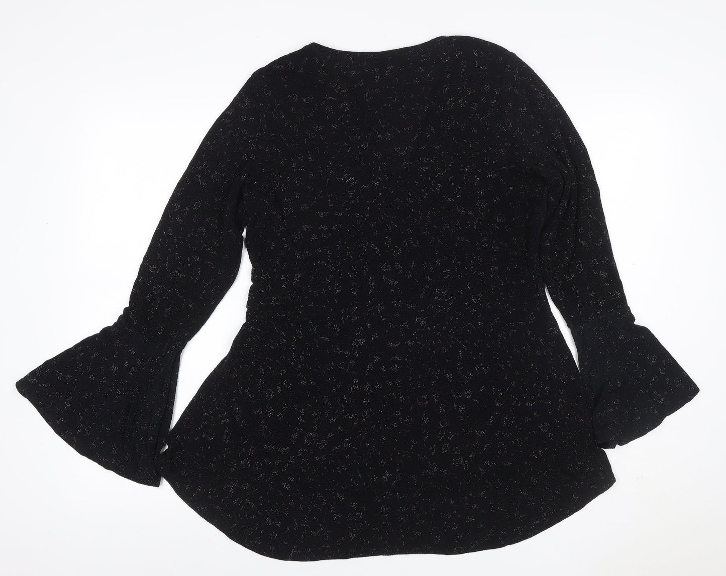 Quiz Women Black Glitter V-Neck Bell Sleeve Blouse UK 18 Party