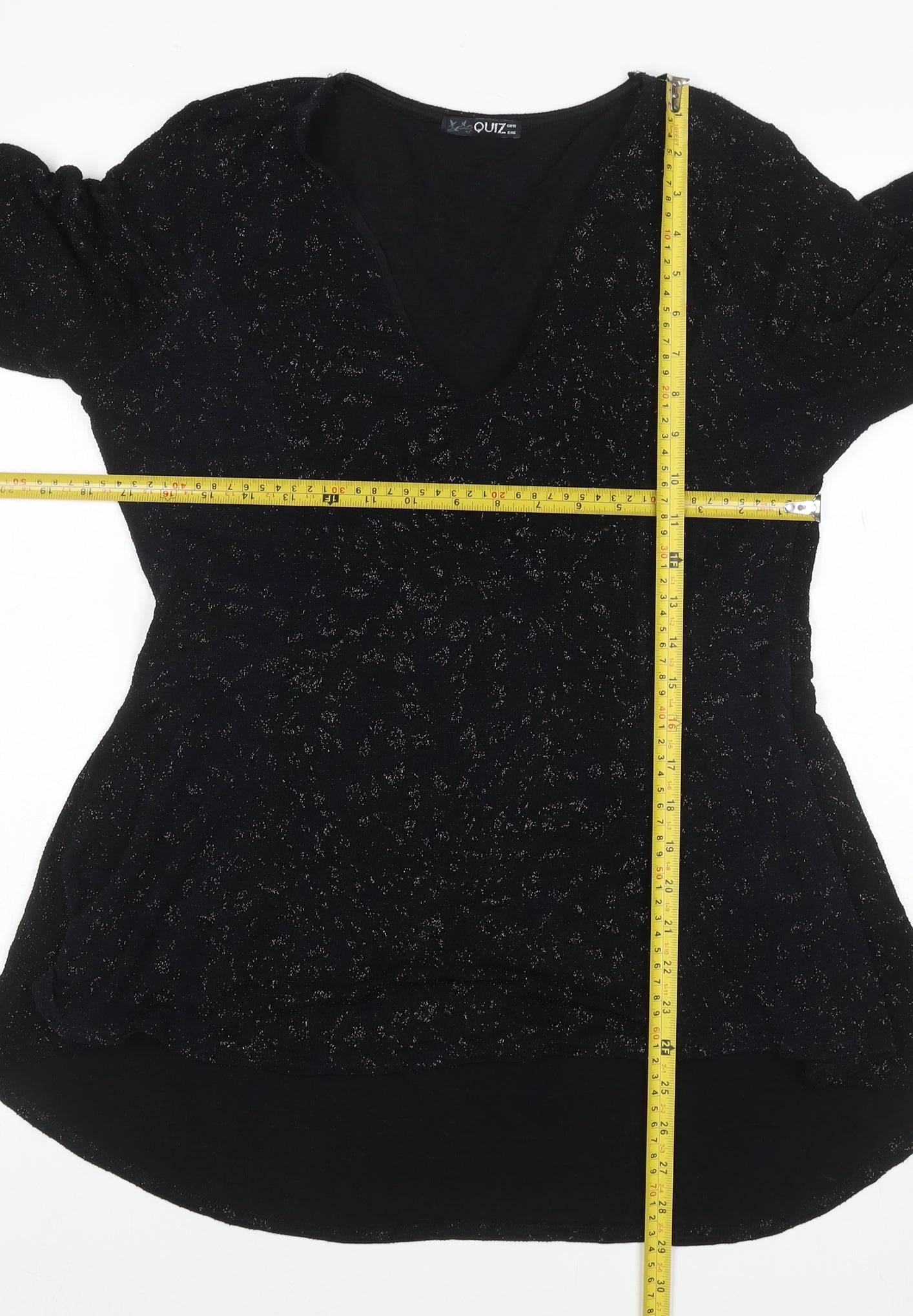 Quiz Women Black Glitter V-Neck Bell Sleeve Blouse UK 18 Party