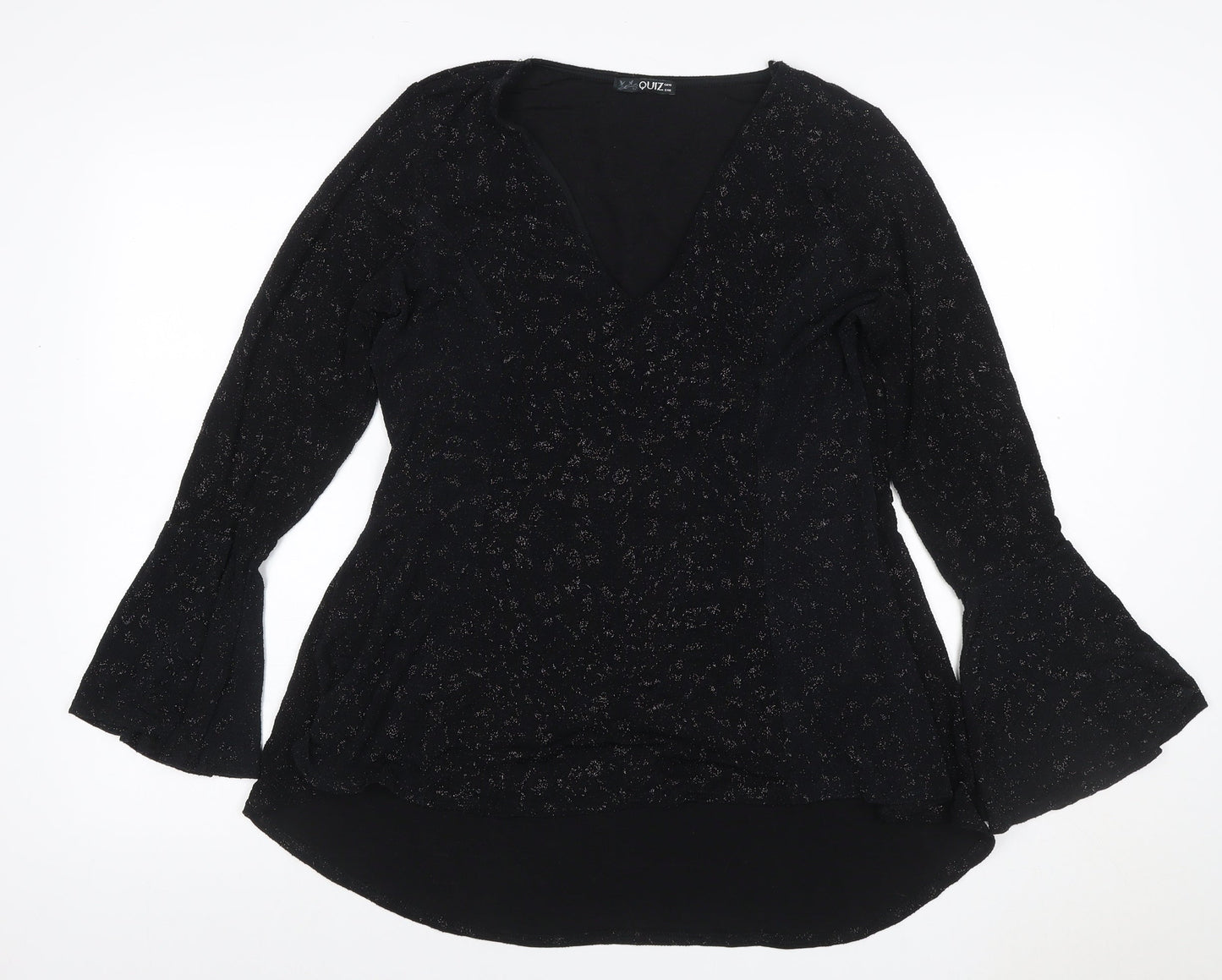 Quiz Women Black Glitter V-Neck Bell Sleeve Blouse UK 18 Party