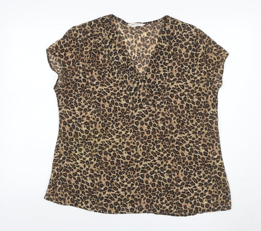 Bonmarche Women Brown Leopard Print V-Neck Short Sleeve Blouse Size 20