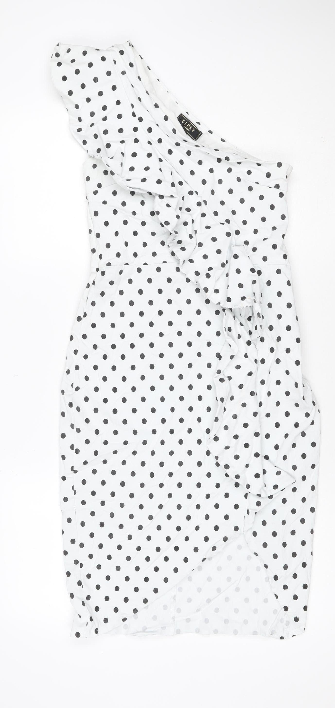 Lipsy London Women White Black Polka Dot UK 14 One Shoulder Bow Sheath Dress