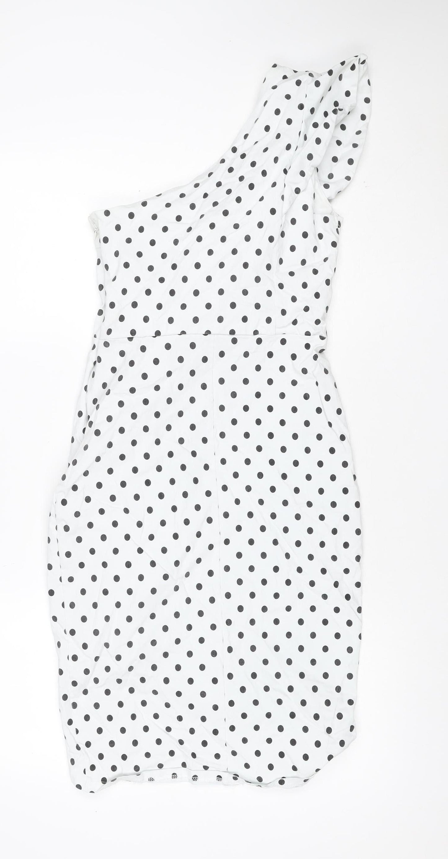 Lipsy London Women White Black Polka Dot UK 14 One Shoulder Bow Sheath Dress