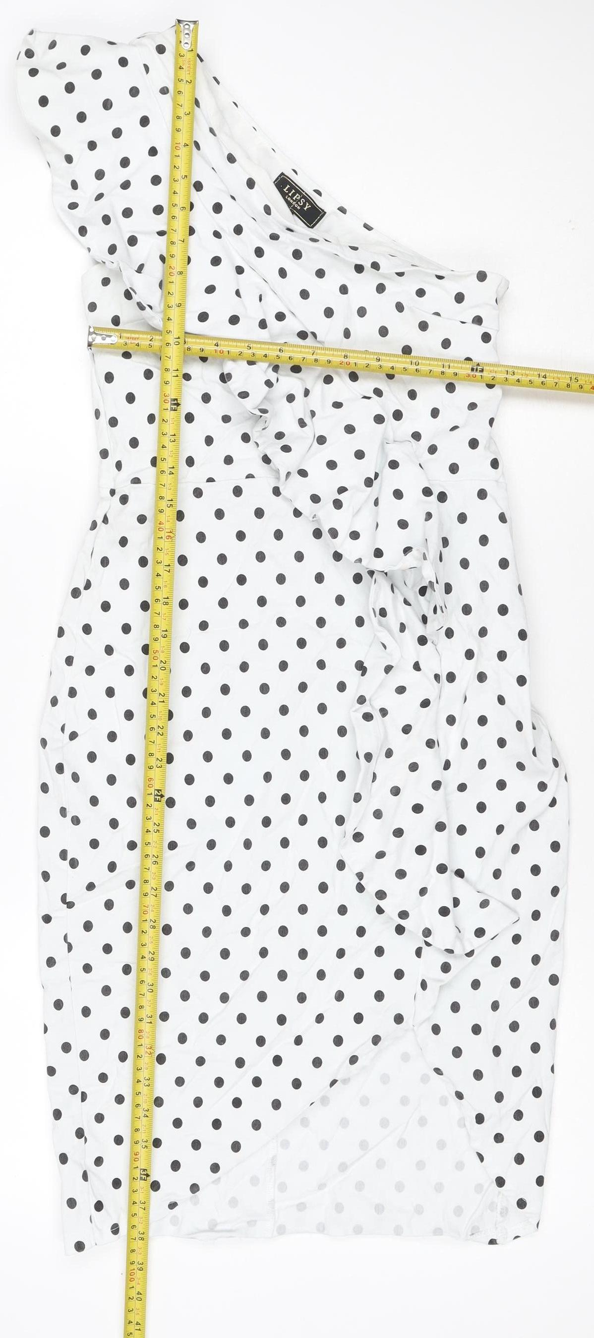 Lipsy London Women White Black Polka Dot UK 14 One Shoulder Bow Sheath Dress