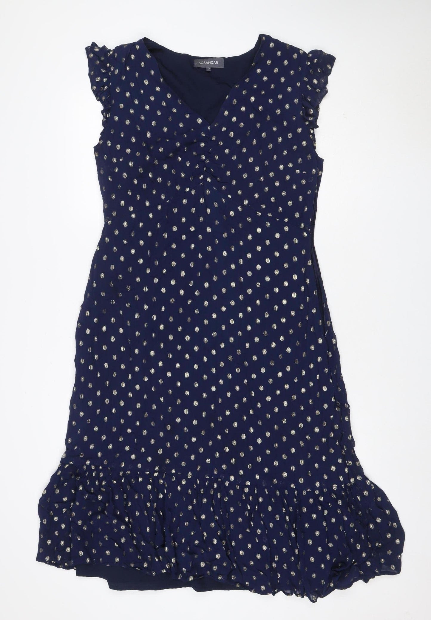 Sosandar Women Blue Size 14 Midi Ruffle Polka Dot V-Neck Dress