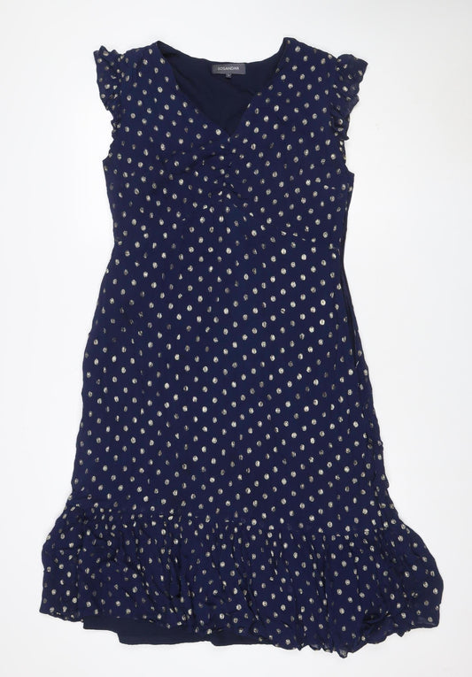 Sosandar Women Blue Size 14 Midi Ruffle Polka Dot V-Neck Dress