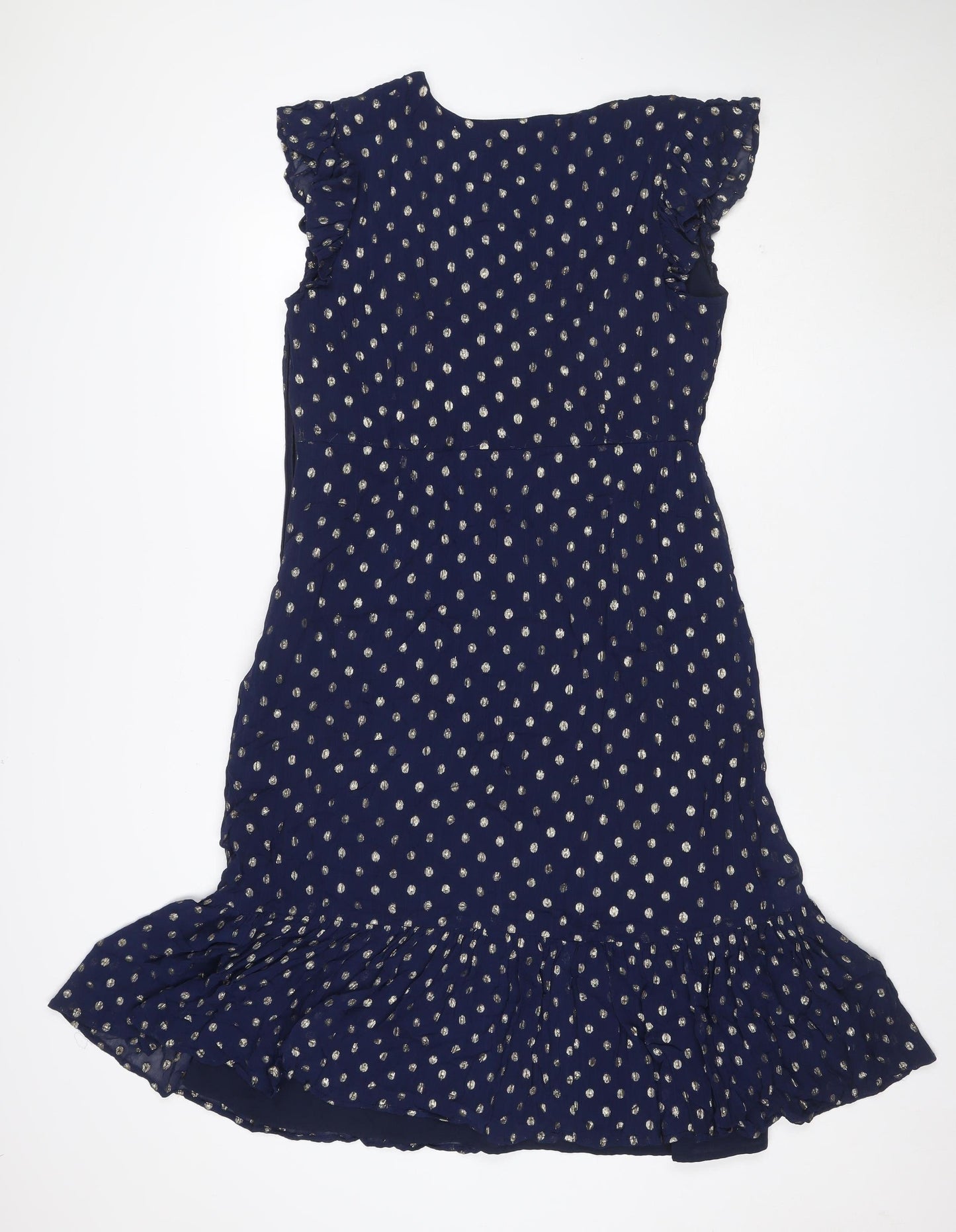 Sosandar Women Blue Size 14 Midi Ruffle Polka Dot V-Neck Dress