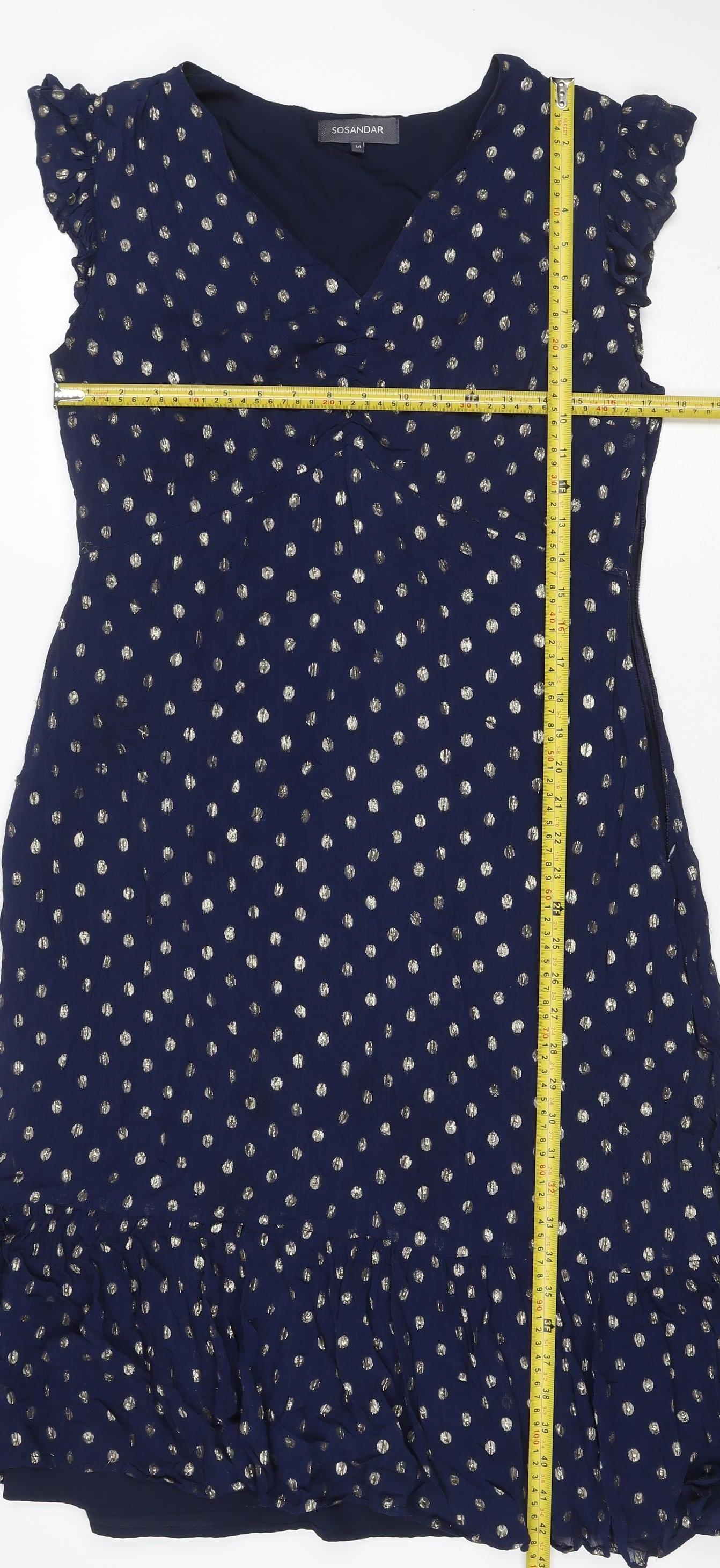 Sosandar Women Blue Size 14 Midi Ruffle Polka Dot V-Neck Dress