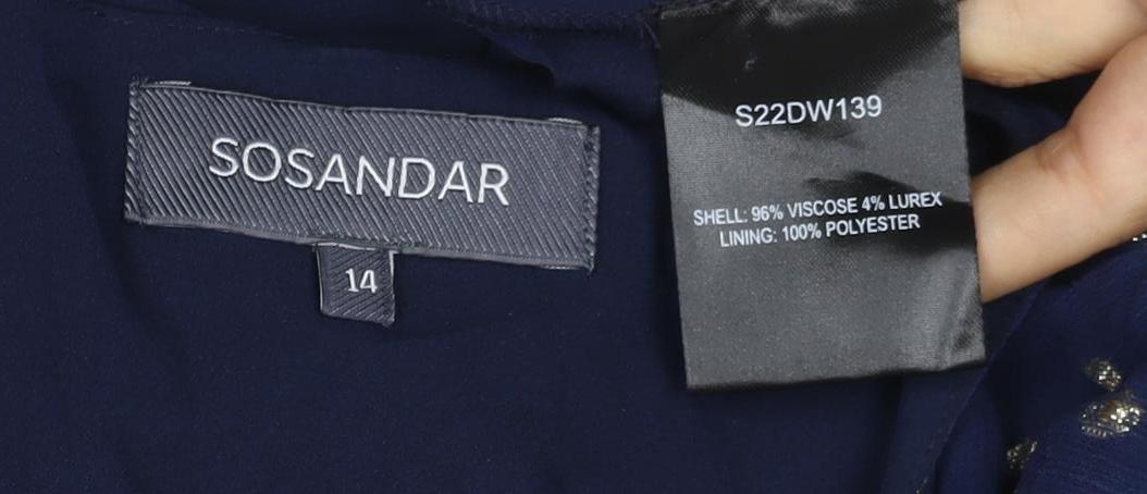 Sosandar Women Blue Size 14 Midi Ruffle Polka Dot V-Neck Dress