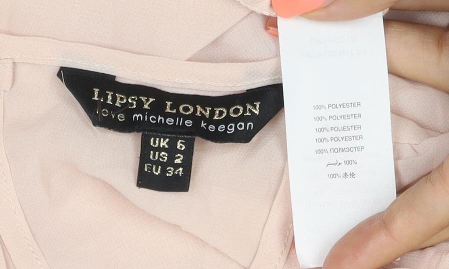 Lipsy London Women Pink UK 6 Chiffon Ruffle Pleated Bell Sleeve Blouse
