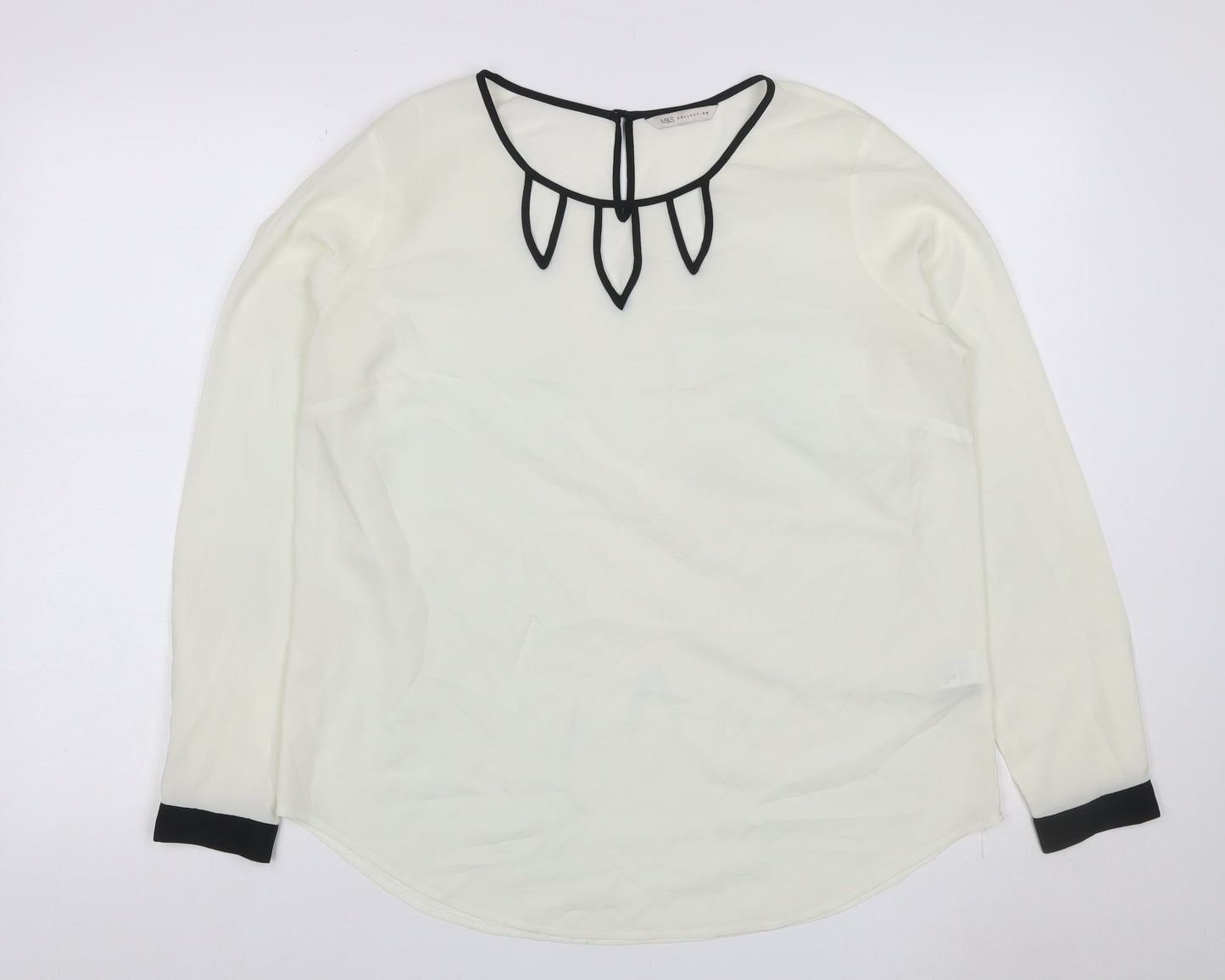 Marks and Spencer Women Ivory Size 14 Chiffon Blouse Black Trim