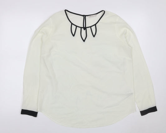 Marks and Spencer Women Ivory Size 14 Chiffon Blouse Black Trim