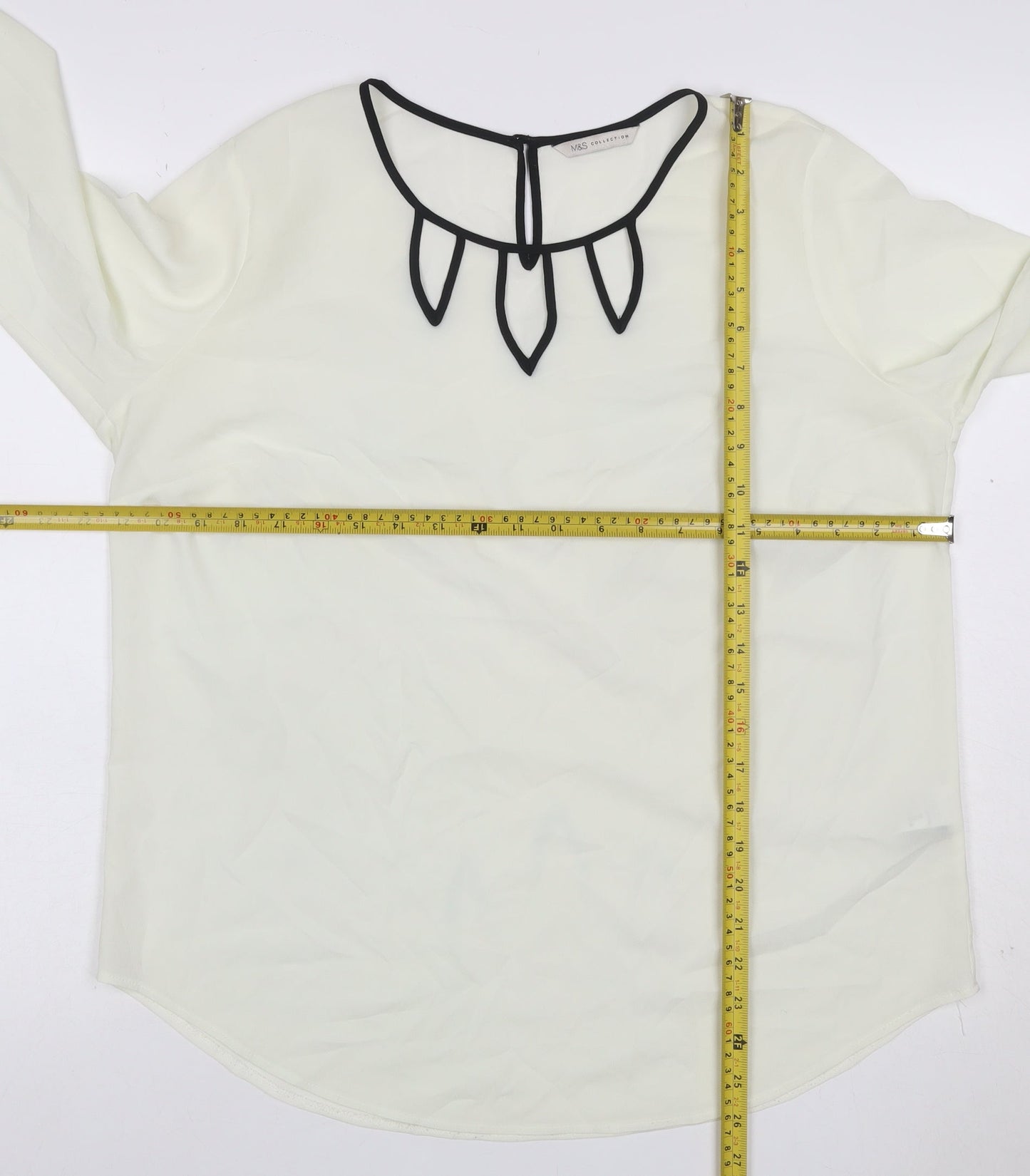 Marks and Spencer Women Ivory Size 14 Chiffon Blouse Black Trim